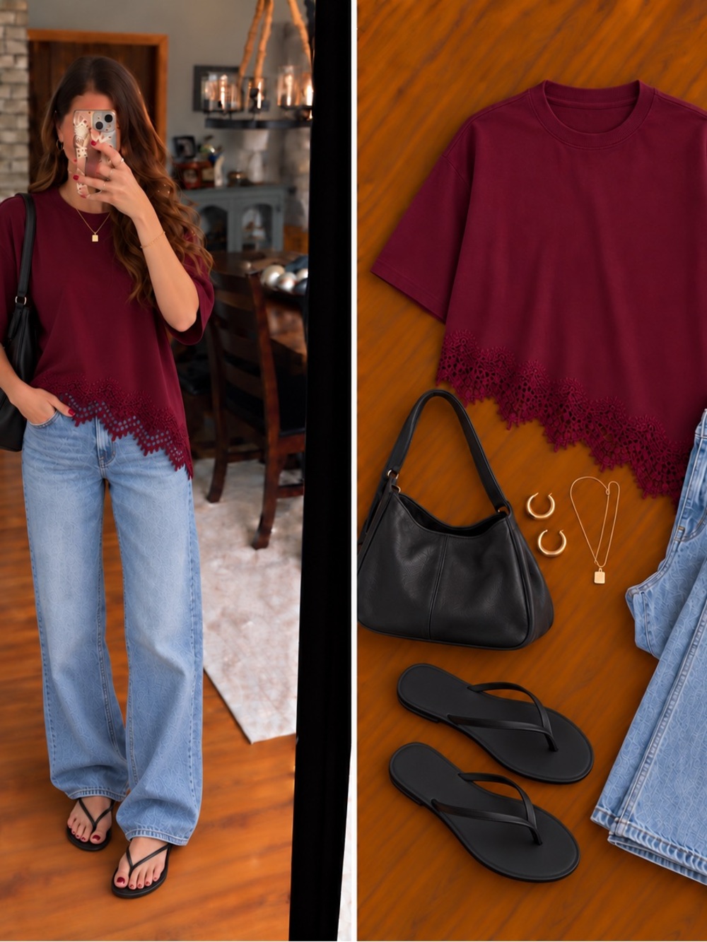 Women's Lace-Hem Short Sleeve Tee in Deep Wine